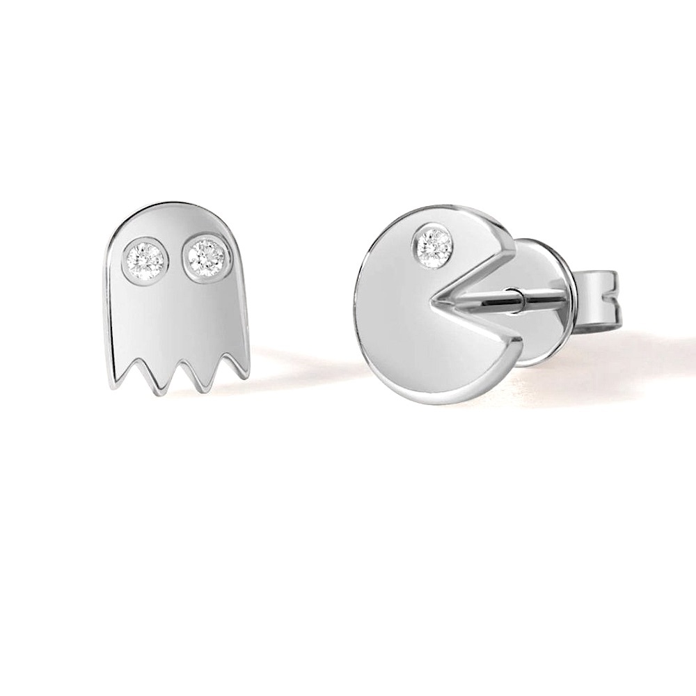 NEW Unisex Mismatch 14k Gold Accent‎ Diamond Pac-Man and Ghost Stud Earrings